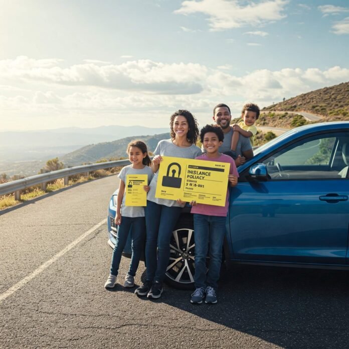 Smiling family with auto insurance policy on a scenic road