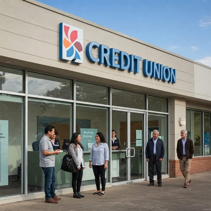 Friendly credit union branch with staff and members