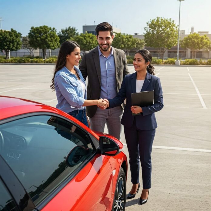 Happy couple finalizing car loan for a new red car