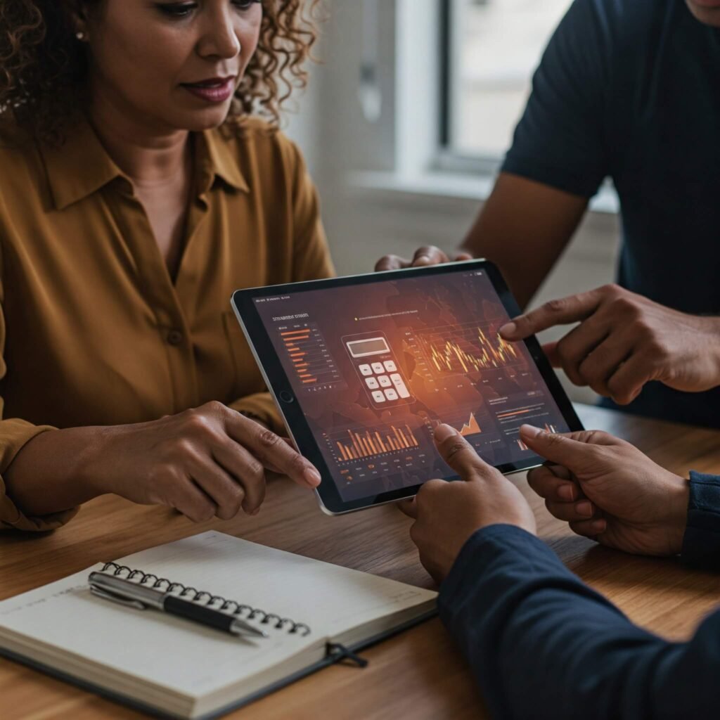 Financial charts and calculator on screen
