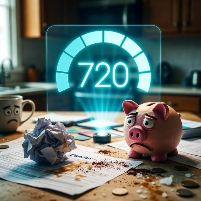 Stressed piggy bank on coffee-stained credit report, low score hologram.