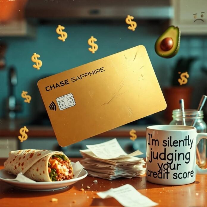 Scratched Chase card floating over messy receipts and burrito.