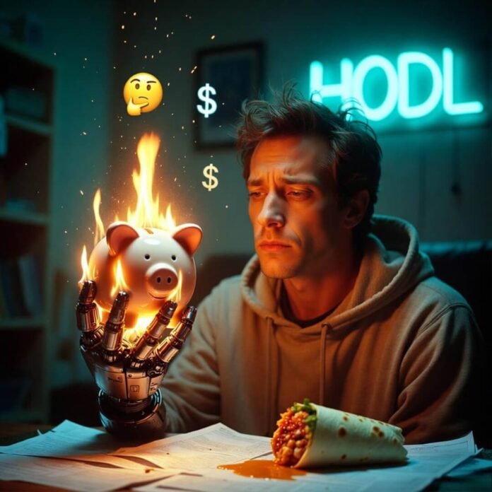 Tired guy watches robot burn piggy bank, burrito chaos.