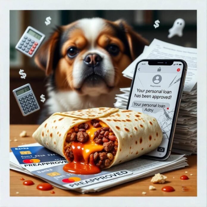Burrito dripping on credit cards, dog judging