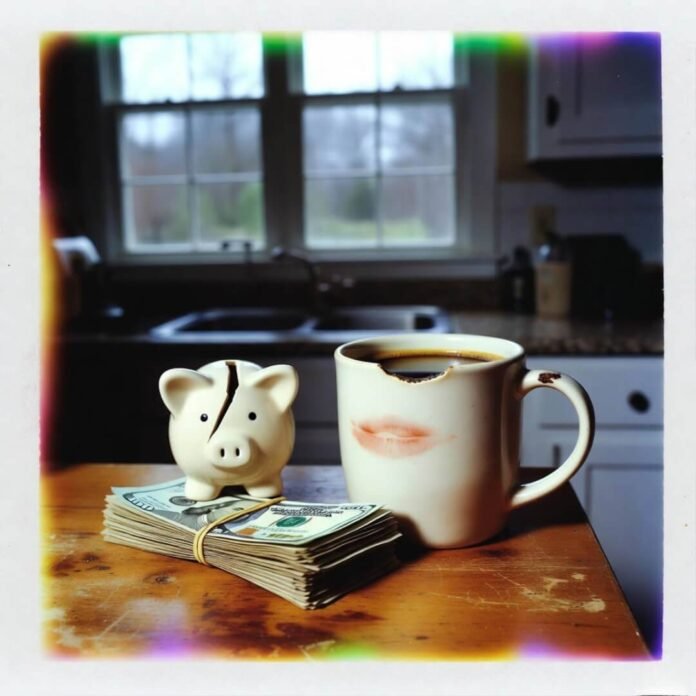 broken piggy bank and cold coffee by rainy window