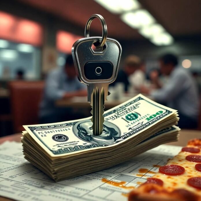 Car key stabbed through cash on greasy loan papers