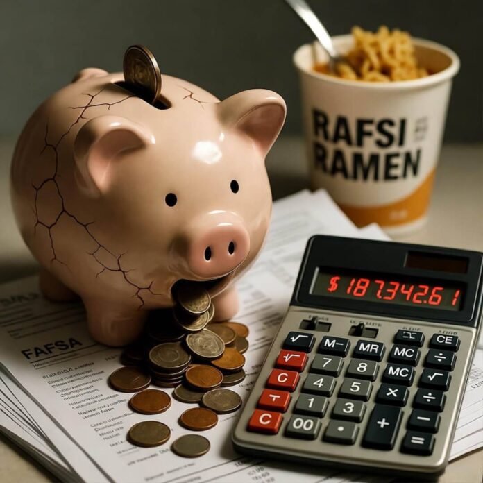 Cracked piggy bank on FAFSA, calculator shows $187k debt.