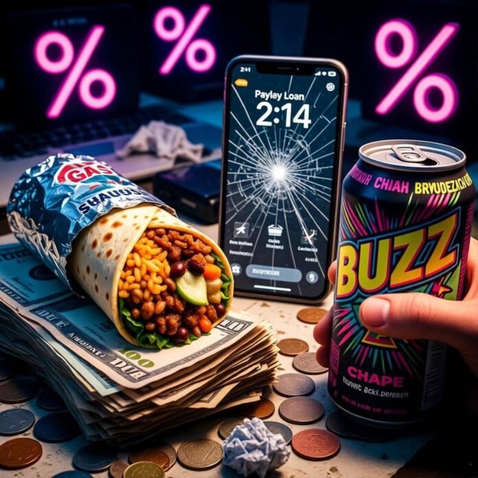 Cracked phone, burrito, bills, neon % signs at 2am