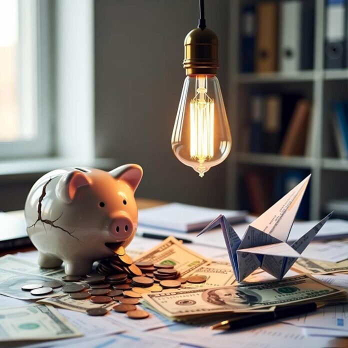 Cracked piggy bank spilling coins on chaotic bills with glowing bulb and origami crane.