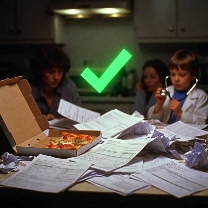 Family buried in health insurance papers and pizza chaos.