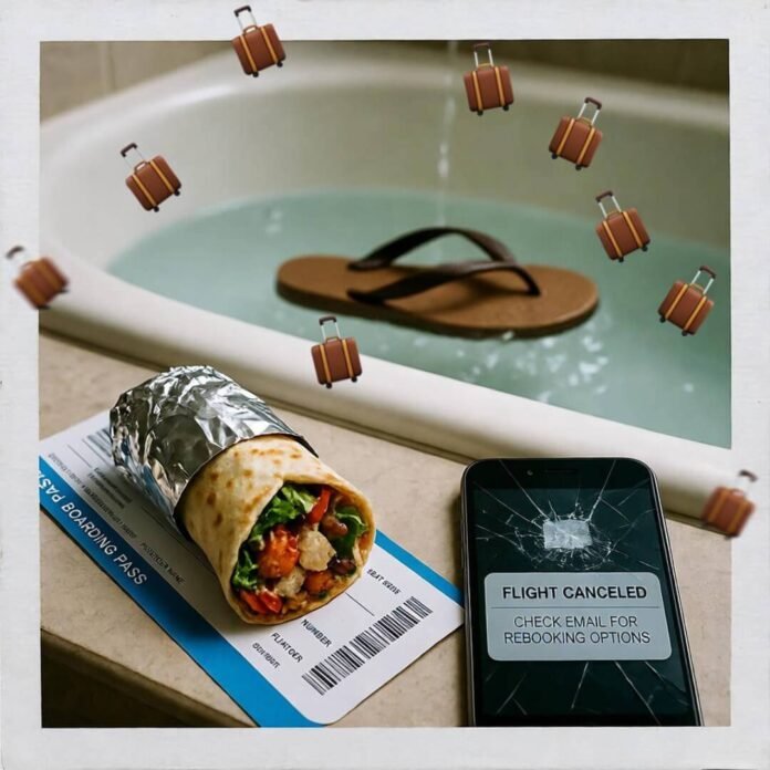 Chaos: burrito, canceled flight, floating flip-flop