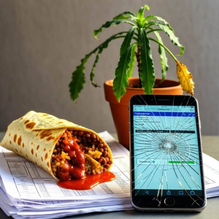 a half-eaten burrito leaking hot sauce onto a stack of printed insurance quotes,