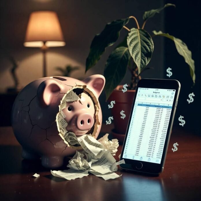 Cracked piggy bank spilling receipts at 2 AM