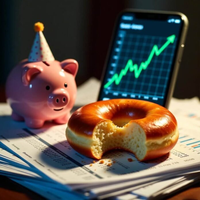 Donut, party-hat piggy bank, rising graph