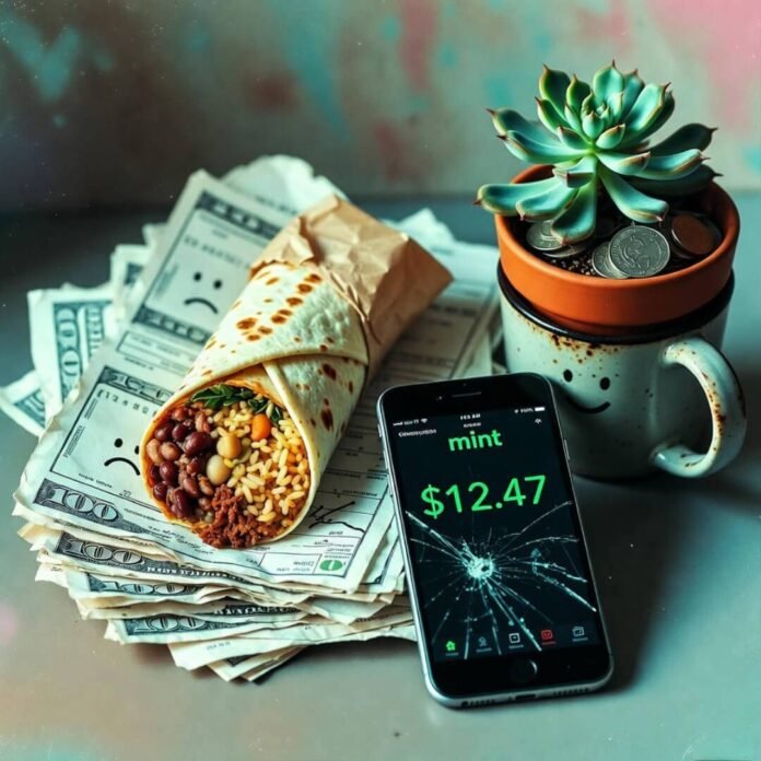 Half-eaten burrito on bills, cracked phone, hopeful succulent