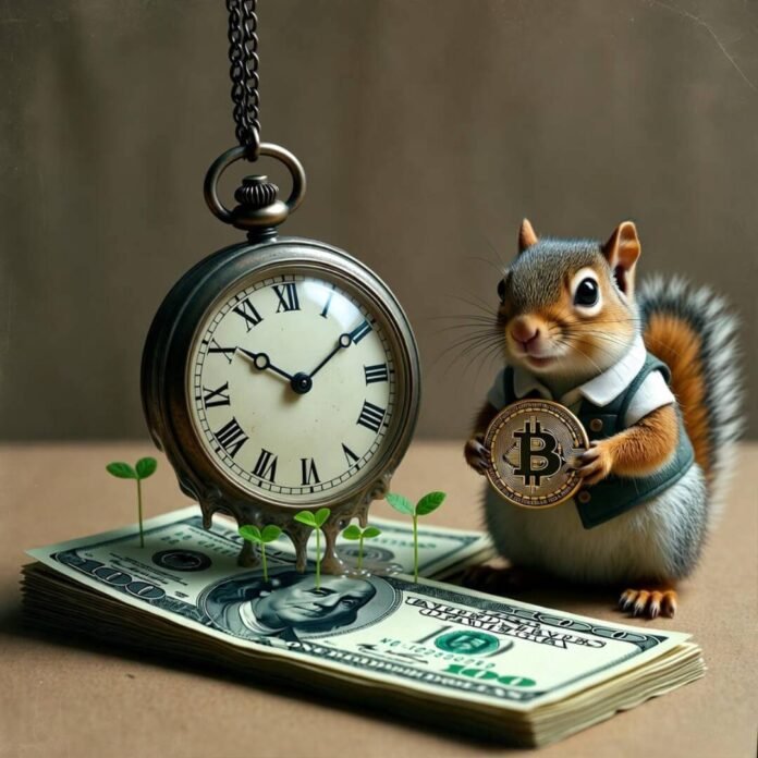 Melting watch, cash sprouts, squirrel with Bitcoin