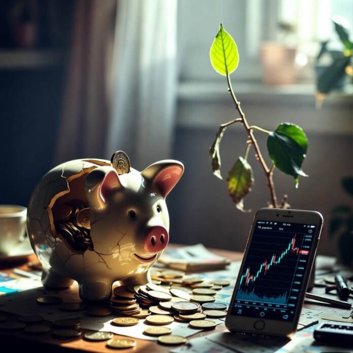 Cracked piggy bank spilling coins beside dying plant and stock chart