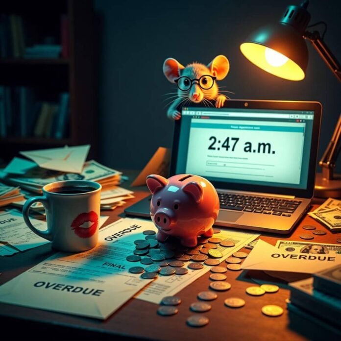 Late-night loan panic with coffee and mouse