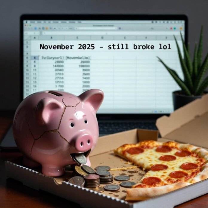 Cracked piggy bank spills coins on pizza box.