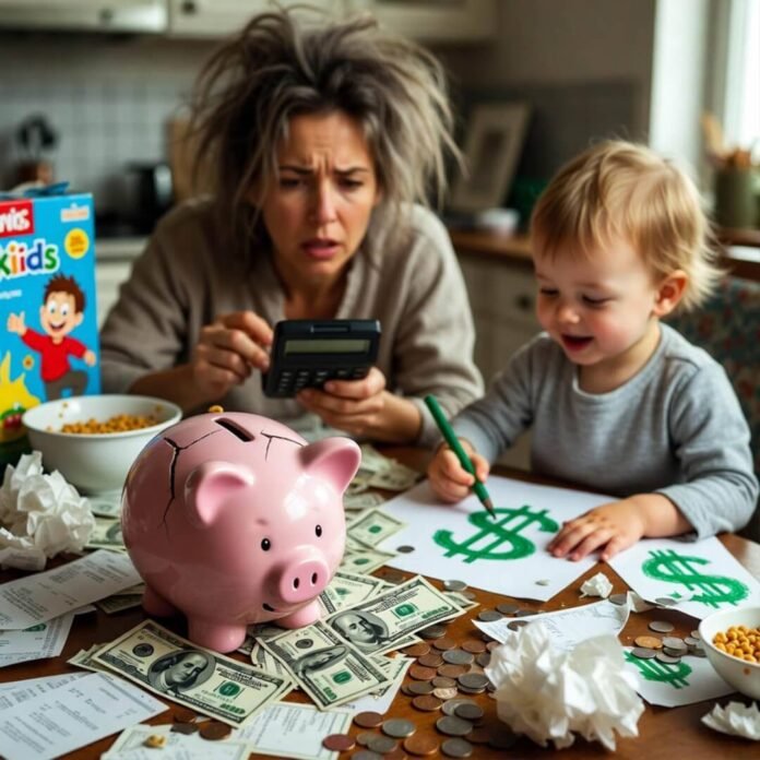 Cracked piggy bank chaos with toddler dollar art