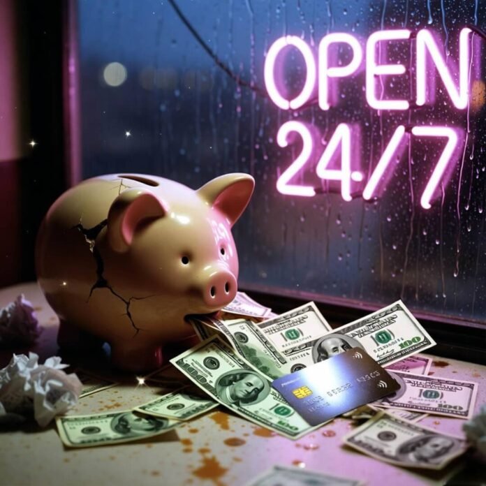 Cracked piggy bank spilling cash under flickering neon.