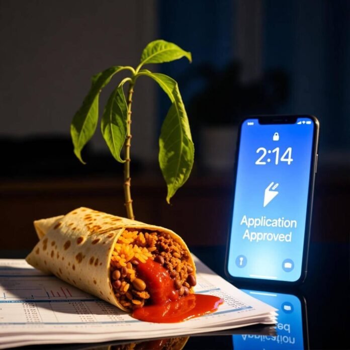 Burrito leaking on credit reports, phone says approved 2:14am