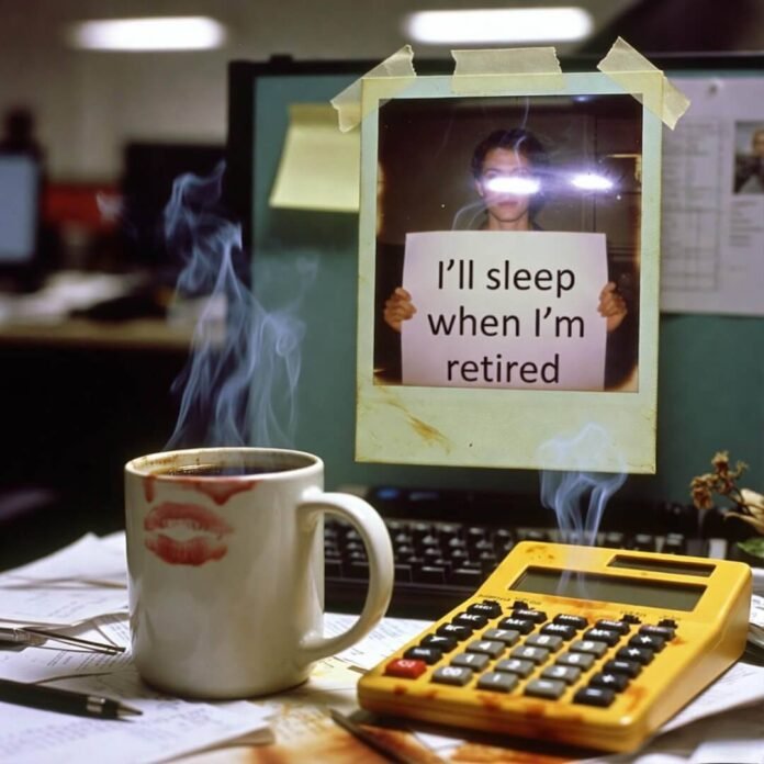 Overworked calculator & “sleep when retired” Polaroid