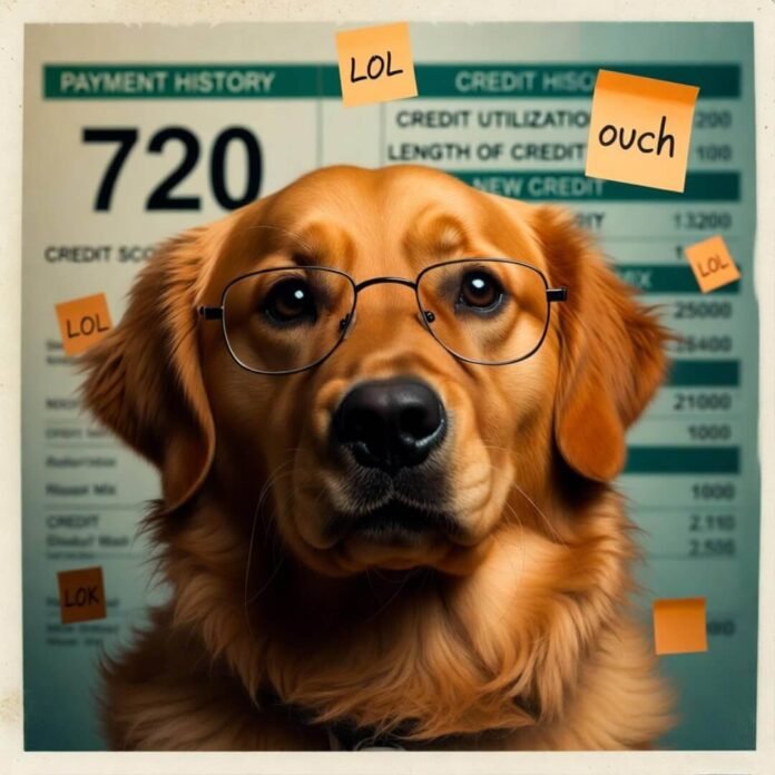 golden retriever wearing reading glasses staring judgmentally at a credit score printout.